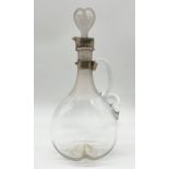 A Victorian decanter with silver collar, ribbed neck and heart shaped stopper - height 32cm