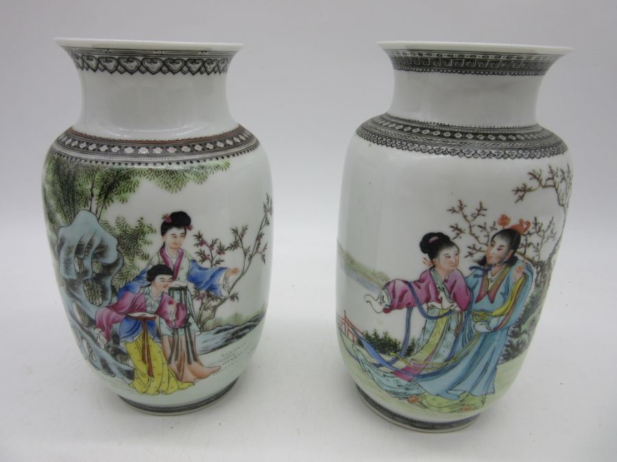 A pair of 20th century Chinese porcelain vases, Chinese writing to reverse and character marks to