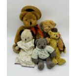 A collection of five teddy bears including a Canterbury Bears, Chehoma (Belgium), Ty Bear, Bears