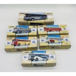 A collection of five boxed Corgi Classic "Vintage Buses USA" die-cast models including Pacific