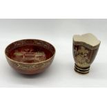 A Carlton Ware rouge bowl with pagoda and deer motif along with a Carlton Ware rouge vase in similar