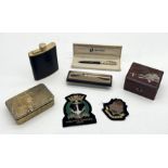 A collection of various items including Queen Mary tin, Parker and Shaeffer pens etc.