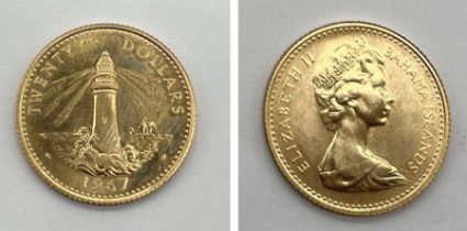 A 1967 Elizabeth II Bahama Islands twenty dollar gold coin - weight 8g