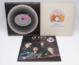 A collection of three Queen vinyl records, comprising 'Jazz' with original inner sleeve and fold out