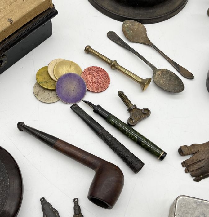 An assortment of various items including miniature brass plane brooches, stopwatch, fishing reel - Image 4 of 5