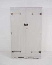 A small grey painted wardrobe with panelled doors - length 92cm, depth 47cm, height 151cm