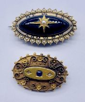 A Victorian "In memory of" (tested) gold brooch set with seed pearls and enamel, named and dated