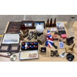 An assorted lot including indoor bowls, three wooden nose glasses rests, playing cards, framed 3D