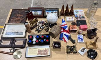 An assorted lot including indoor bowls, three wooden nose glasses rests, playing cards, framed 3D