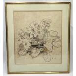 A pen, ink and watercolour picture showing a floral scene, named to the back as by Frankie Cranfield