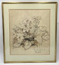 A pen, ink and watercolour picture showing a floral scene, named to the back as by Frankie Cranfield