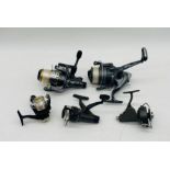 A collection of five fixed fishing reels including a Cypry 6000 Freespool, Red Wolf etc