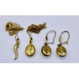 A 9ct gold "coffee bean" set of pendant on chain and earrings along with one other 9ct pendant on