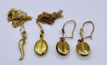 A 9ct gold "coffee bean" set of pendant on chain and earrings along with one other 9ct pendant on