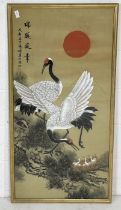 A large Japanese painted silk picture of cranes - signed to upper left hand side. Overall size 120cm