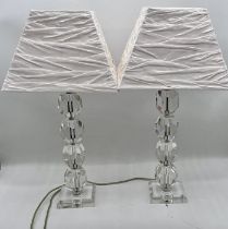A pair of modern faceted glass lamps, overall height including shade 60cm.