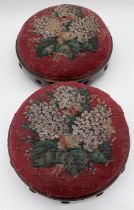 A pair of Victorian footstools with floral beaded design and brass studs. A/F