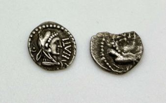 Two British Iron Age Catuvellauni Epaticcus coins with the head of Hercules right and to the reverse