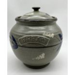 A large studio pottery bread crock with glazed decoration - height approx 40cm