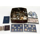 A collection of various banknotes and coinage including two sealed 1971 halfpenny rolls
