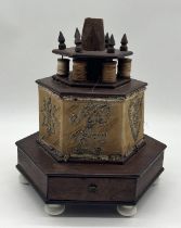 A Victorian mahogany spool holder/sewing box of stepped octagonal form raised on bun feet with