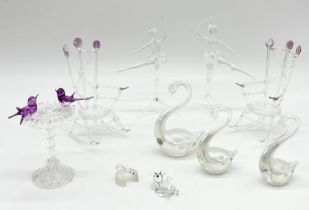 A collection of glass ornaments including rocking chairs, three Heron glass swans etc.