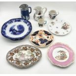 A collection of antique china including Wedgwood, Spode, W.H Goss mug with cat and sheep design
