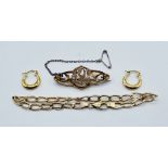 A 9ct gold bracelet, pair of small hoop earrings and Victorian brooch (replacement pin), total
