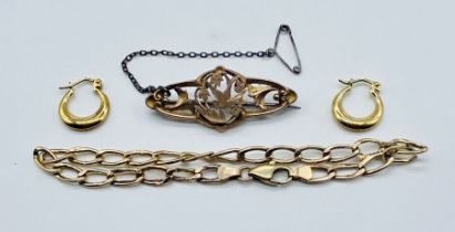 A 9ct gold bracelet, pair of small hoop earrings and Victorian brooch (replacement pin), total
