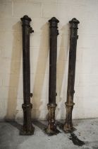 Three weathered cast iron gate posts, marked 'Paragon Eng Co, Bridport' - height 183cm