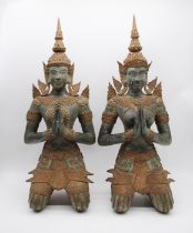 A pair of patinated bronze kneeling Thai Buddhas - height 73cm