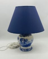 A Spode Blue Italian table lamp with blue shade