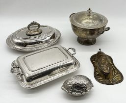 A collection of silver plated items including walnut shaped nutcracker etc.