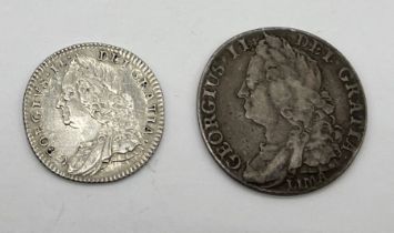 George II (1727-1760) 1745 "Lima" shilling along with a 1758 sixpence