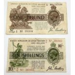 A John Bradbury ten shillings note serial number B3 391665 and a one pound note serial number F94