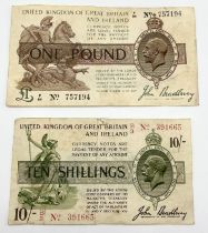 A John Bradbury ten shillings note serial number B3 391665 and a one pound note serial number F94