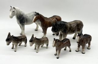 A collection of ceramic horses and donkeys including Melba Ware etc.
