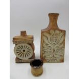 Two studio pottery lamps (1 A/F) along with a similar small candle holder