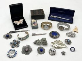 A collection of vintage costume jewellery, Sheaffer pen, silver nurses buckle by Samuel Jacob (