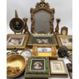 An assortment of gilded goods including trinket boxes, mirror, frames etc