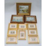 A set of framed Baxter miniature prints plus two framed small watercolours and one other print.