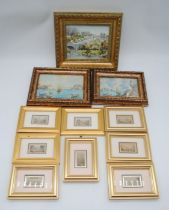 A set of framed Baxter miniature prints plus two framed small watercolours and one other print.