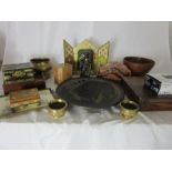 A collection of boxes, Arts & Crafts style charger, pair of small Oriental urns, letter rack, camera