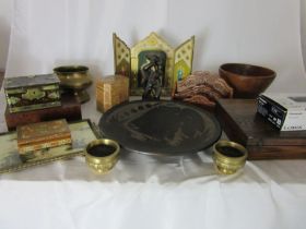 A collection of boxes, Arts & Crafts style charger, pair of small Oriental urns, letter rack, camera