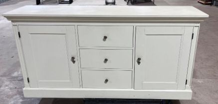 A modern painted dresser base with two cupboards and three drawers.172cm x 48cm, height 86cm