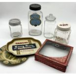 A collection of advertising and display items including Huntley & Palmers glass fronted tin, Riley's