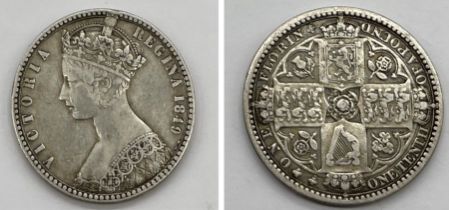 An 1849 Victoria "Godless" florin by W. Wyon,