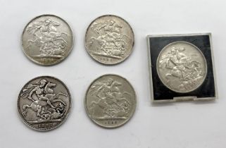 Five Victoria crowns dated 1887, 1889, 1891, 1893 and 1897