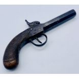 An antique percussion cap pistol with chequered grip and octagonal barrel with proof marks