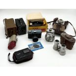 A collection of various cameras including Kodak, Ilford, Dixons etc.